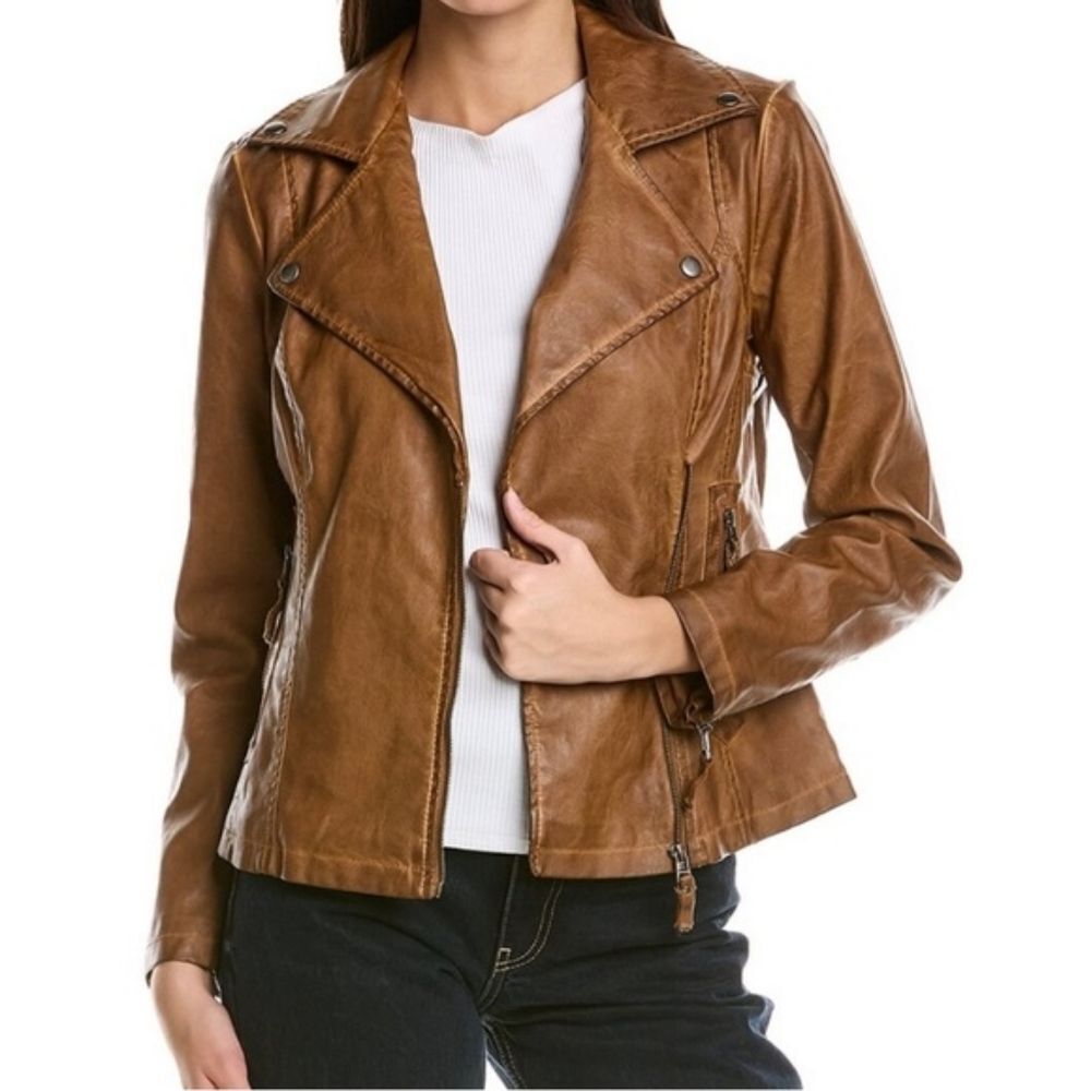 Max Studio Vegan Faux Leather Asymmetric Zip Moto Jacket Cognac Brown Large NWT